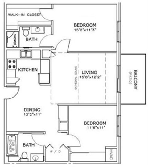 Floor plan for 2 beds, 2 baths, 1022 sqft